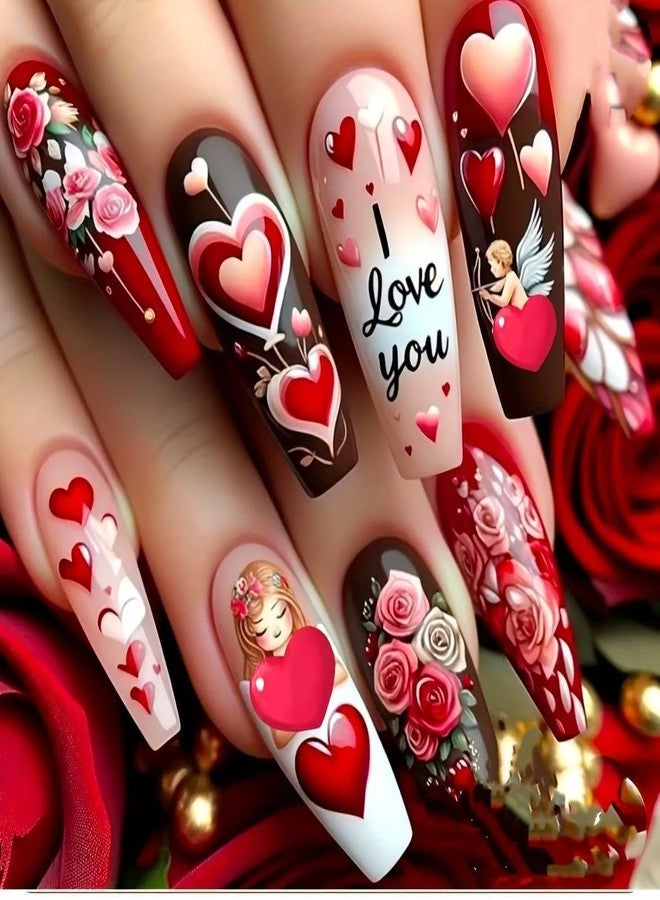 OCOUYVD Valentine Press on Nails Extra Long Glue on Nails Red Heart Rose Fake Nails Full Cover Cute False Nails Glossy Acrylic Nail Valentine Artificial Nail for Women DIY Manicure Art - Image 1